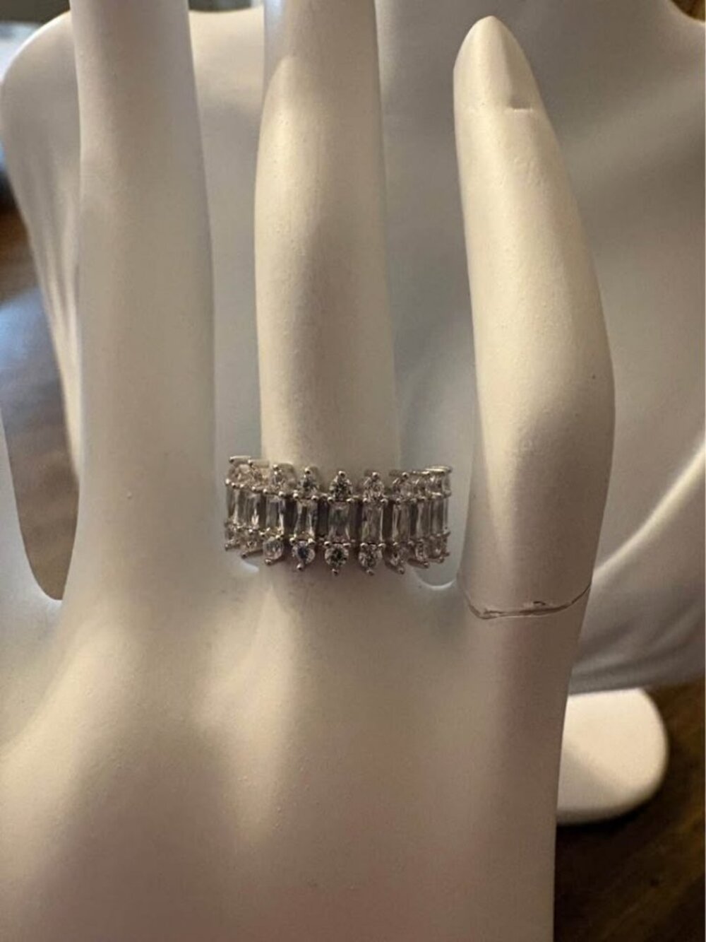 Silver Baguette and Round Cut Cubic Zirconia Ring Size 6